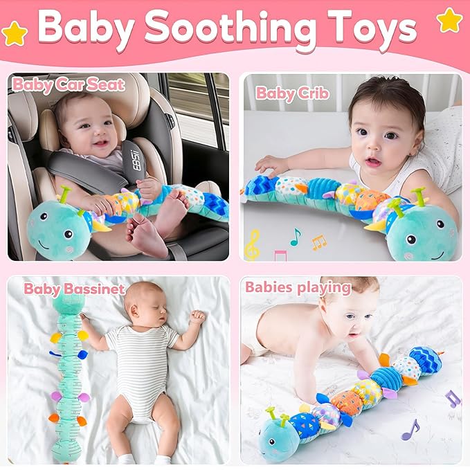 Baby Sensory Toys 0-12 Months, Plush Toys with Music and Rattle, Suitable for Newborn Baby Tummy time, can be Used as a Newborn Birthday, Holiday, Baptism Gift (Blue Caterpillar)