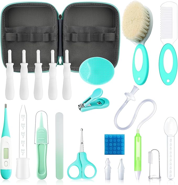 Baby Healthcare and Grooming Kit, 21 in 1 Portable Baby Essentials Kit with Gas Relief Hair Brush Comb Nasal Aspirator for Newborn Boys Girls (21 Kits-Green)