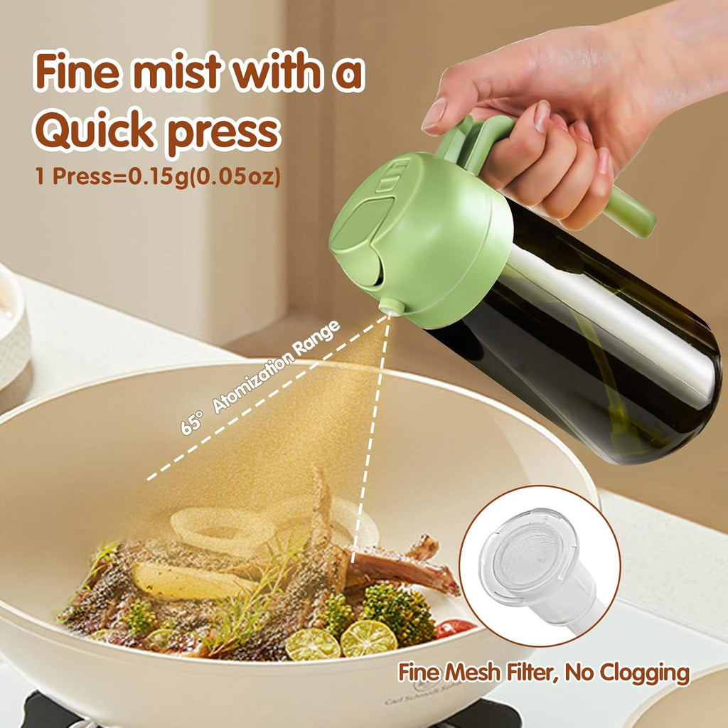 YARRAMATE 2PCS 16oz/470ml Oil Sprayer for Cooking with Stickers, Food-Grade 2 in 1 Olive Oil Dispenser Bottle for Kitchen, Premium Dark Green Glass Oil Bottle for Air Fryer, BBQ (White & Green)