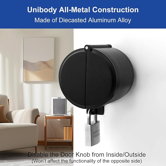 Door Knob Lockout Device, All-Metal Adjustable Version, Cover to Disable Doorknob, Prevents Turning of Knob & Block Access to Keyhole, Safety Extra Lock for Kids/Elderly/Bedroom No Drill