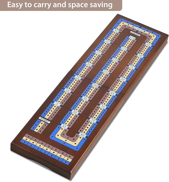 Foldable Wooden Cribbage Board Game Set, Portable Travel 3 Track Cribbage Board with Magnetic Closure,9 Metal Pegs,A Deck of Cards - Family Board Games for Kids and Adults