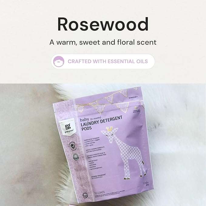 Grab Green Baby Laundry Detergent Pods, 50 Count, Dreamy Rosewood, Plant and Mineral Based, Formulated to Tackle Growing Baby (5 Months and Older) Laundry Stains