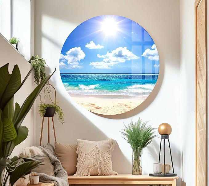 My Photostation.com 48Wx32H'' Summer Beach Landscape Glass Wall ArtTempered Glass Printing Wall Decor Large Wall Art Wall Hangings