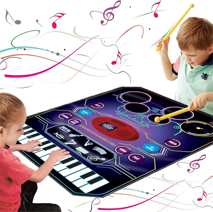 2 in 1 Kids Music Learning Toys for Boys Girls, Drum Set + Piano Mat | Record & Playback, Built-in Songs, 8 Instrument Sounds, 24 Keys, Christmas Birthday Gifts for Toddler 3 4 5 6 7 8 Years