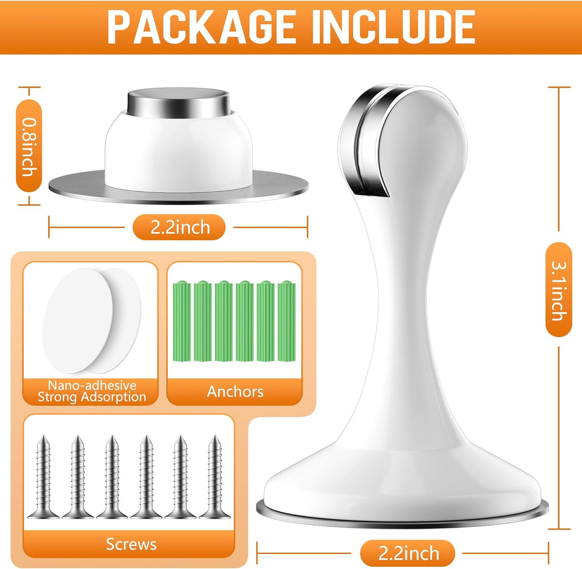 Crosize Magnetic Door Stoppers 2 Pack, Stainless Steel Door Catch for Wall and Floor Mounting, Door Holder Keep Door Open, No Drilling Door Stop with Adhesive Tapes, White