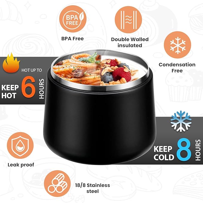 Soup Thermo for Hot Food 14oz Lunch Containers with Buckle Lid Wide Mouth Hot Food Jar Vacuum Insulated Stainless Steel Bento Box Leakproof with Spoon(Black)