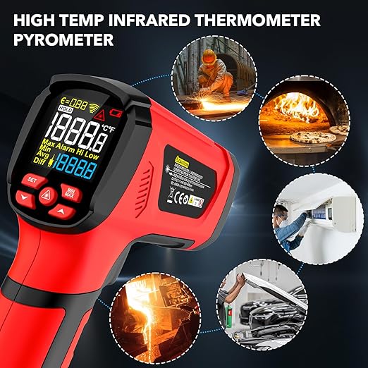 -40℉~2912℉ MESTEK Infrared Thermometer Temperature Gun,50:1 Dual Laser High Temp Thermometer with Thermocouple Probe, Non-Contact Industrial Pyrometer for Engine, Kiln, Forging,Humidity Measurement