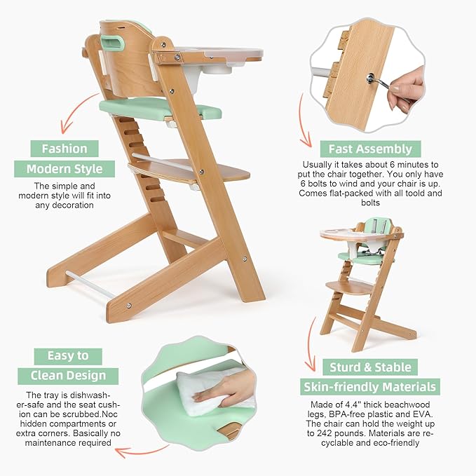 Cowiewie Natural Wooden High Chair for Babies & Toddlers 3-Tier Remove Adjustable Tray and Highchair with Cushions, Easy to Clean, Portable(Green)