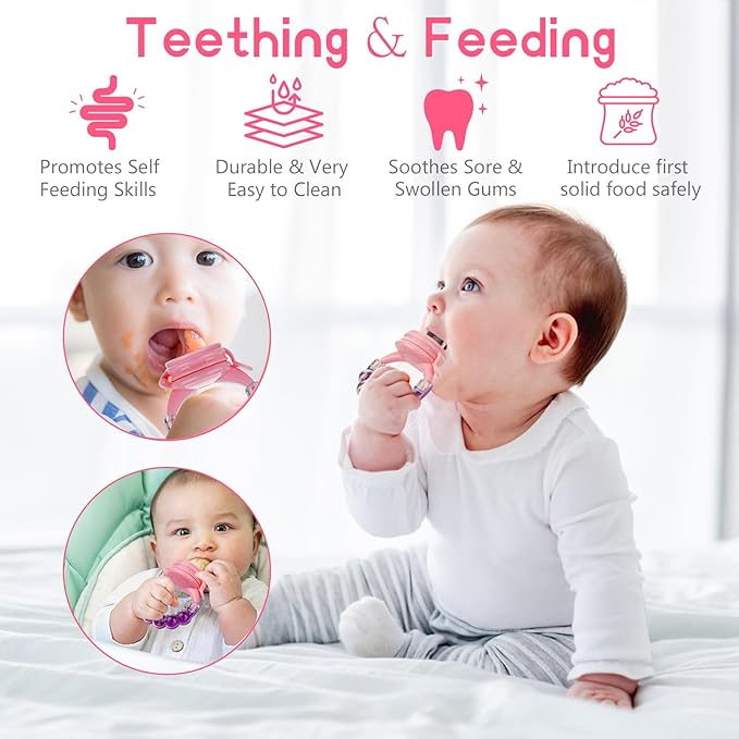 WAJIAYON Baby Fruit Feeder Pacifier - 12 Pack | 2 Infant Food Feeder Pacifier & 1 Baby Food Dispensing Spoon | Fresh Fruit Teethers for Babies | Silicone Feeder Babies,Infant Teething Feeders (Pink)