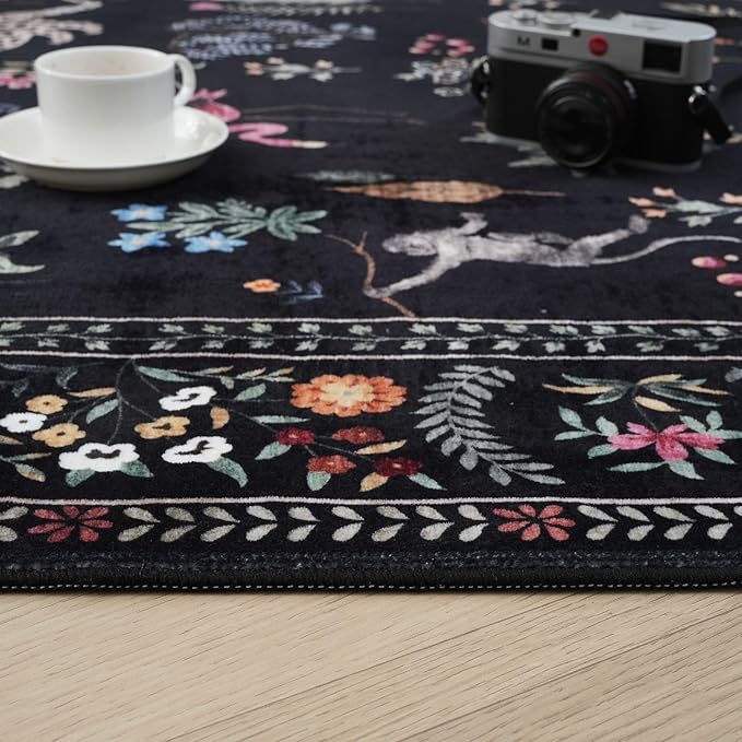 Rugcomf Runner Rug for Kitchen Rug Non Slip 2'6''x8' Washable Rugs with Rubber Backing Soft Floral Animal Carpet Runner for Kitchen, Laundry, Bedroom, Bathroom (Black)