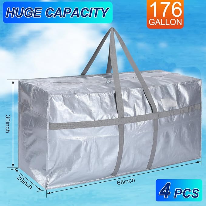 4 Pcs 176 Gallon Large Moving Bags with Zipper and Handles Foldable Storage Duffle Bags Heavy Duty Extra Large Totes for College Dorm Travel Clothes Blankets Bedding Moving (Silver)
