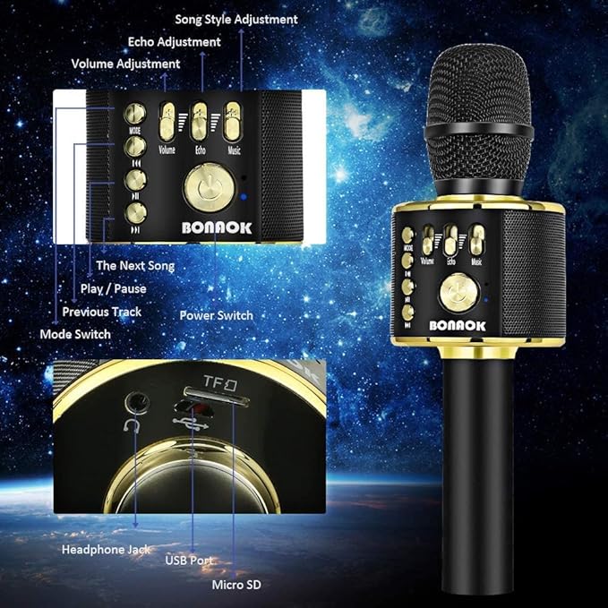 BONAOK Wireless Bluetooth Karaoke Microphone, 3-in-1 Portable Handheld Mic Speaker Machine for All Smartphones, Gifts to Girls Boys Kids Adults All Age Q37(Black Gold)