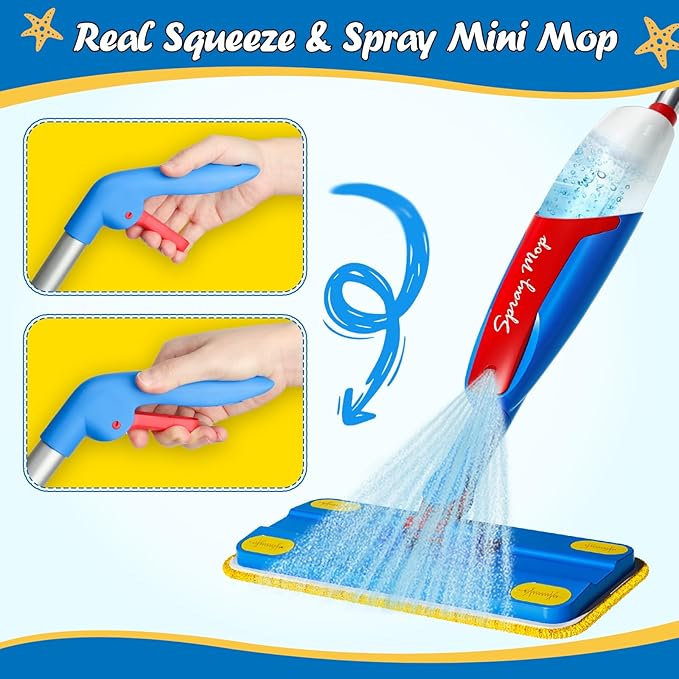 Kids Cleaning Toy Set - Toddler Cleaning Set with Real Working Kids Spray Mop, Microfiber Pads, Cloth & Scraper | Role Play Educational Toys for Boys Girls, Montessori Toddler Toys Gifts