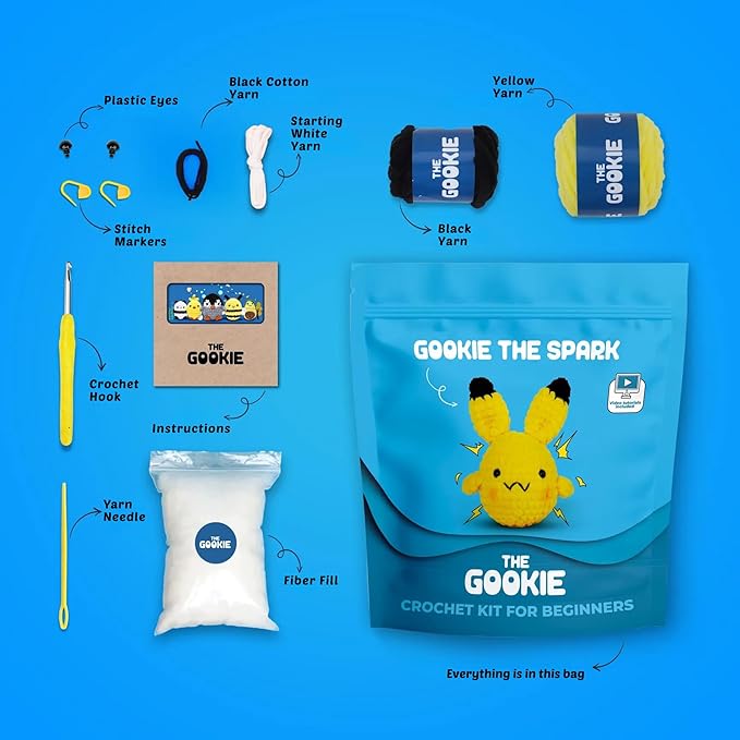 THE GOOKIE Amigurumi Crochet Kit for Beginners – DIY Crochet Kit with Yarn, Hook, Eyes & Stuffing – Easy Starter Set with Video Tutorials – Cute Plush Toy Craft Gift for Kids, Teens & Adults (Spark)