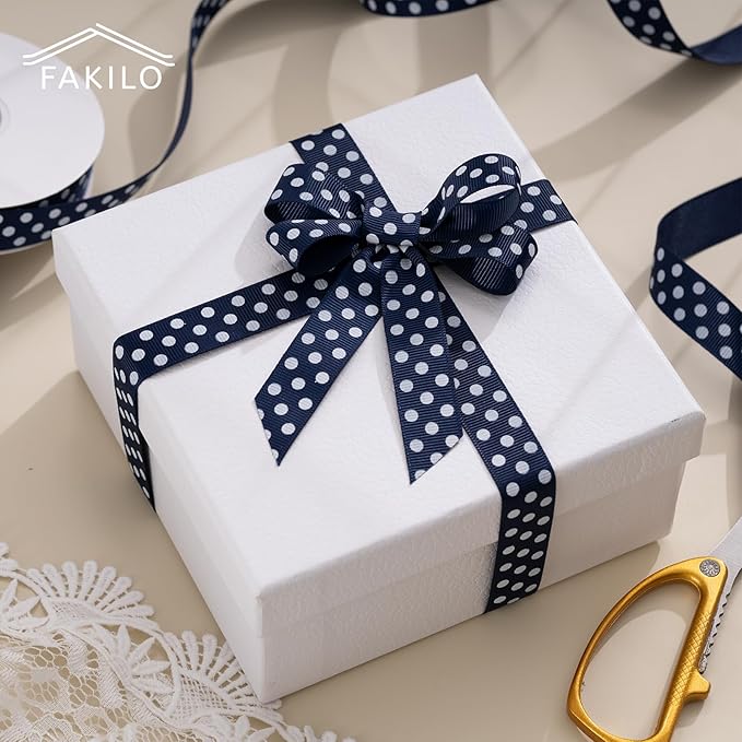 Polka Dot Grosgrain Ribbon 3/4 Inch, 25 Yards Spool Navy Blue and White Dot Craft Ribbon for Christmas Gift Wrapping DIY Crafts Hair Bows Wedding Party Decor Sewing and Home Decoration