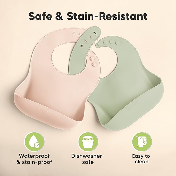 KeaBabies 2-Pack Silicone Baby Bibs for Eating - Sturdy Food-Grade Silicone Bibs for Babies Girl, Boy, Large Food Catcher, Clean & Put On Easily, Waterproof Toddler Feeding Essentials (Macaron)