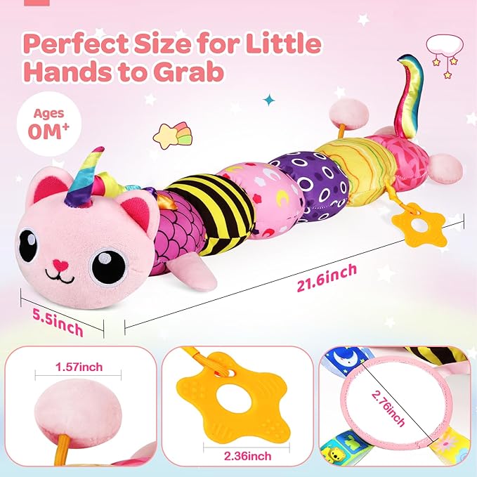 Baby Sensory Toys 0-6 6-12 Months, Musical Animal Stuffed Plush Unicorn Cat Toy for Infant 0-3-6 Months & Up, Tummy Time with Mirror Crinkle Rattle, Christmas Baby Shower Gifts for Newborn Boys Girls