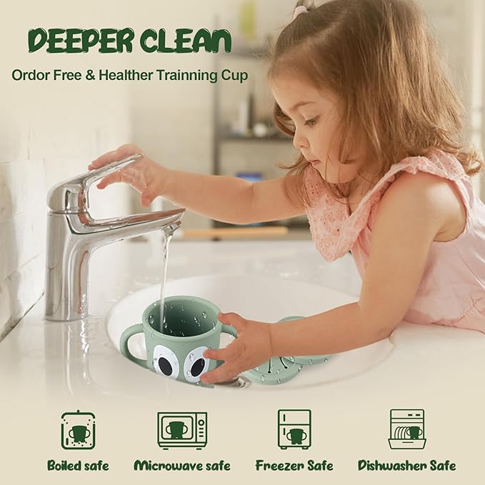 Silicone Snack Cup Food Container for Toddlers and Babies, Spill Proof Training Cup with Snack Cup Lid & Dust Proof Lid, Comes with a toy strap, Without BPA, Lead, or Phthalates (Sage)