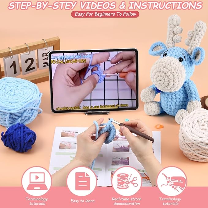 Crochet Animal Kit – 10in Adorable MOOSE, Amigurumi Crochet Kit For Intermediate Advanced level, Kids Knitting Kit with Detailed Videos Tutorials, Yarn, Crochet Hook, Best Gift For Crochet Lovers