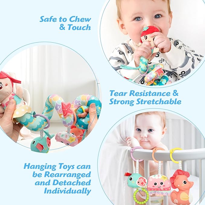 Carseat Toys Hanging Car Seat Toys for Babies 0-6 Months Boy Girl, Mermaid Stroller Toy Newborn Infant Sensory Baby Toy 0-6 Months with Music Rattle Teether, Gift for 0 3 6 9 12 Months