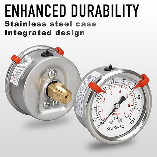 0 to 100 Psi Pressure Gauge, Glycerin Liquid Filled, 2.5 inch Dial, 1/4" NPT Back Mount, Stainless Steel Case, for Water Pump, Pneumatic Air, Well Tank, RV Hose, Gas, Low Pressure Test