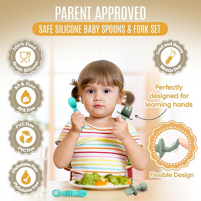 4pc Silicone Baby Spoons Self Feeding Baby Utensils 6-12 Months - 3 Baby Spoon - 1 Baby Fork - Toddler Cutlery Set - BPA Free, Dishwasher Safe - Baby Eating Essentials (Turquoise/Pickle)