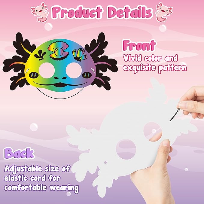B1ykin 30Pcs Axolotl Scratch Mask Gift Set, DIY Magic Scratch Axolotl Masks Paper Art Craft Kit for Kids, Color Paper Party Favors for Girls Boys Birthday School Classroom Art Activity Project