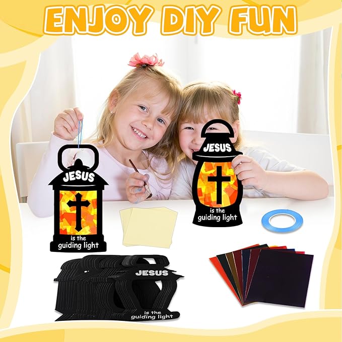 32 Sets Jesus is the Guiding Light Suncatchers Craft Kit DIY Window Stained Glass Effect Religious VBS Paper Craft Home School Classroom Decoration Kid Birthday Gift Creative Art Project Activity Game