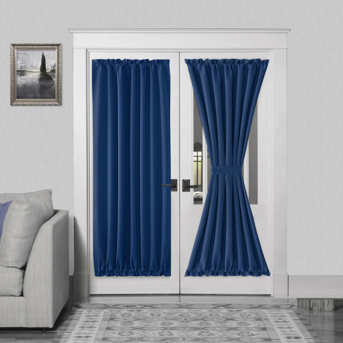 DWCN French Door Curtains – Rod Pocket Thermal Blackout Curtain for Doors with Glass Window, Kitchen and Patio Doors for Privacy, 54 X 72 Inches Long, 1 Curtain Panel with Tieback, Classic Blue