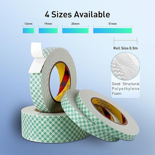 Double Sided Tape Foam Tape 1/2" x 18Ft Made of 3M High Shear Adhesive Mounting Tape with High Temperature Resistance for Interior Exterior Mounting Applications and Home Office Deco