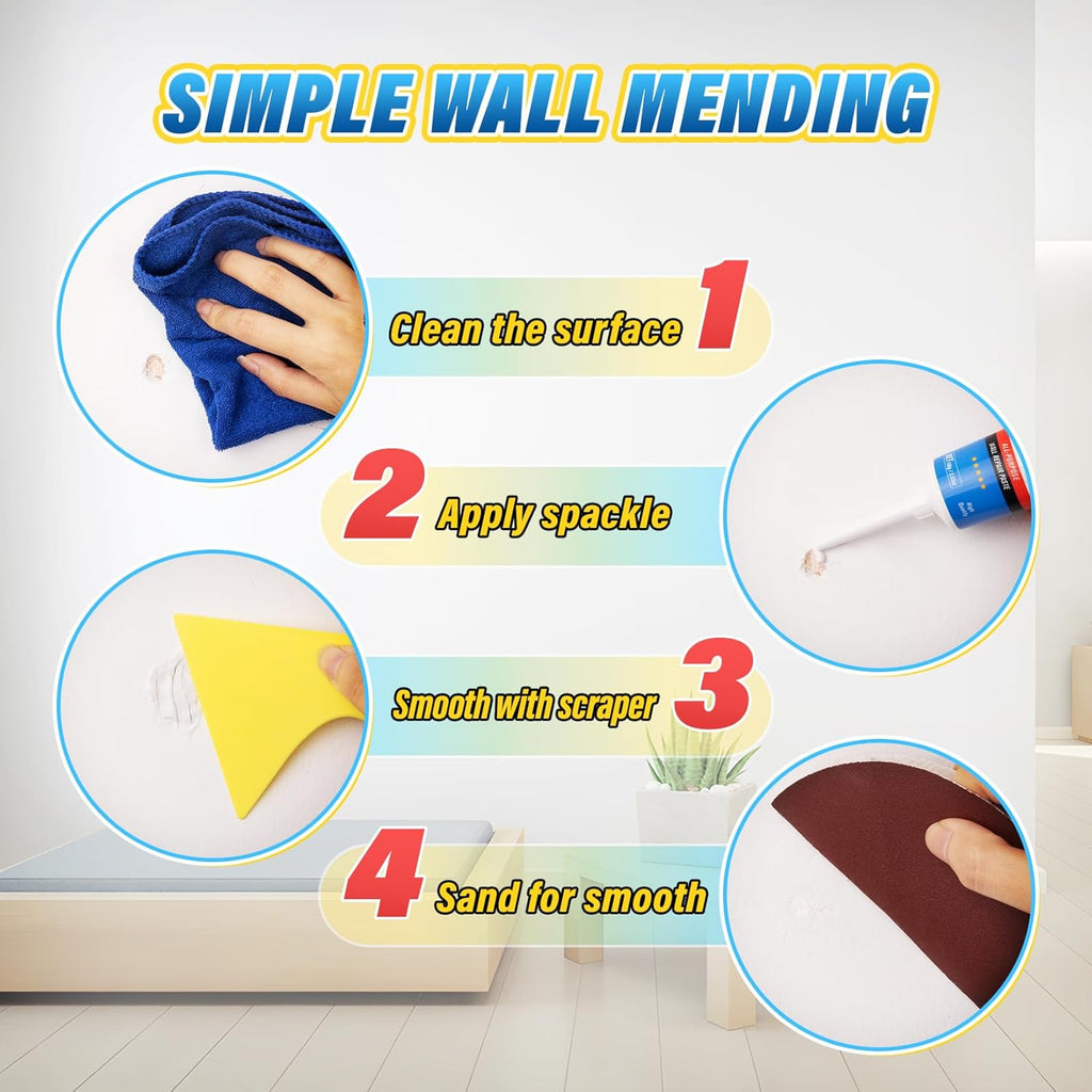 DIYSELF-Drywall-Repair-Kit-Fast-Drying, Wall Mending Agent, 9 Pack Spackle Wall Repair Kit with Putty & Scraper, 2×100g (7oz Total) White Wall Hole Filler for Drywall, Plaster and Home Use
