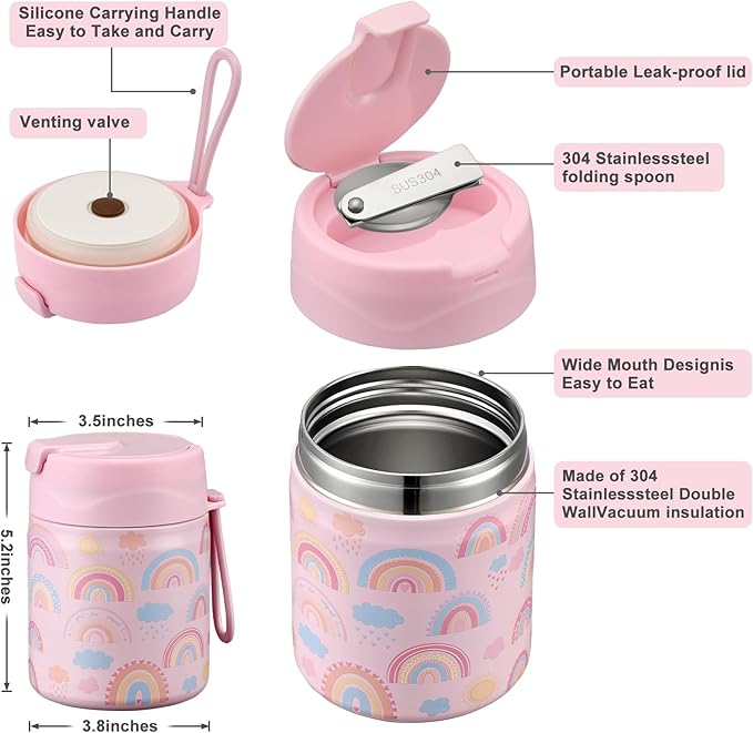17oz Soup Thermo for Hot Food Kids,Insulated Food Jar with Spoon,Thermo Hot Food Lunch Container,Wide Mouth Leakproof Stainless Steel Lunch Box for School-Rainbow