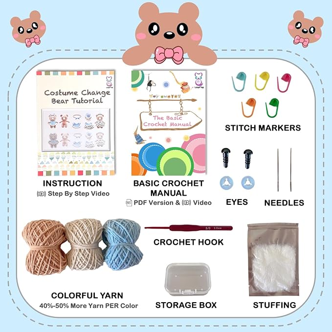 LoopMap Crochet Kit for Beginners, DIY Amigurumi Bear with Removable Dress & Accessories, Step-by-Step Video Tutorials Extra Yarn Crochet Tools, Handmade Gift for Kids & Adults (Bear-Blue)