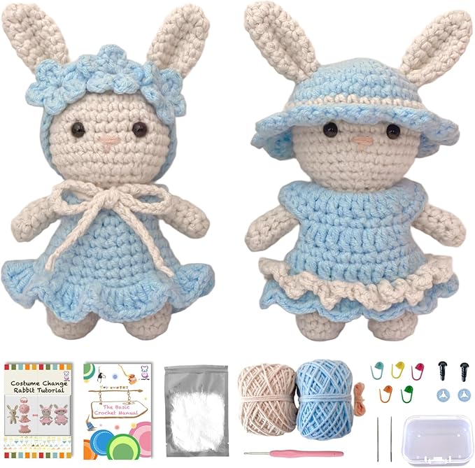 LoopMap Beginner Crochet Kit for Adults & Kids - DIY Amigurumi Bunny with Removable Dress & Accessories - Step-by-Step Video Tutorials, Extra Yarn, Crochet Tools - Handmade Gift (Bunny-Blue)