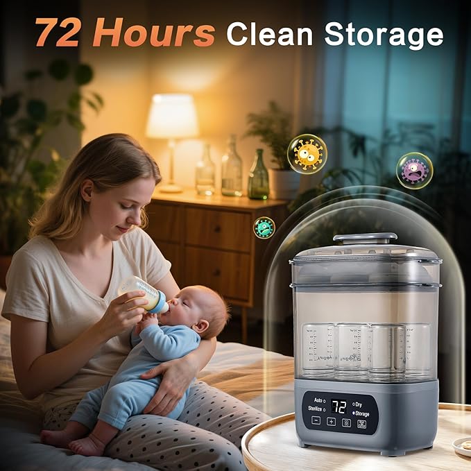 4-in-1 Baby Bottle Steamer and Dryer, Electric Steamer with Fast Drying, Universal Fit for All Bottles, LED Touch Screen & Auto Shut-Off Protection (Grey)