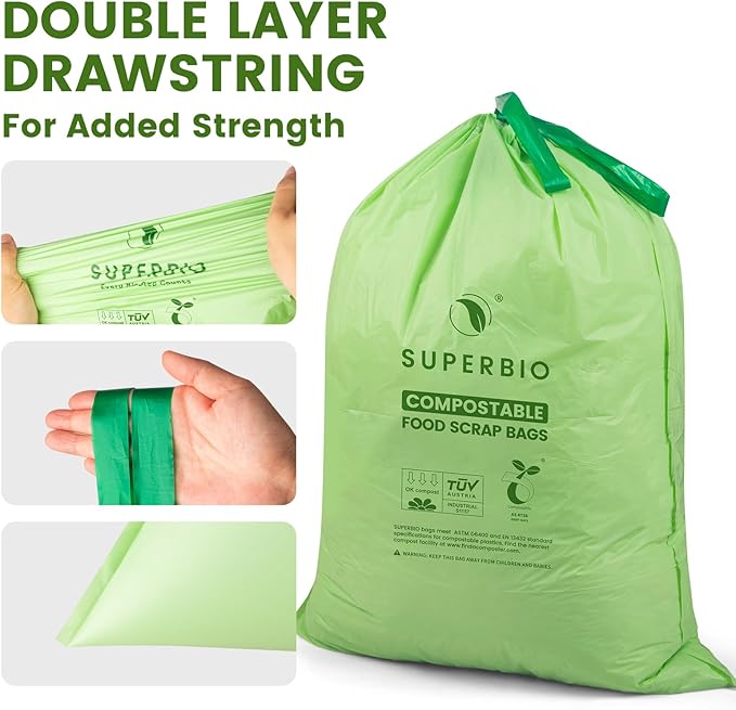 SUPERBIO 8 Gallon Compostable Drawstring Kitchen Waste Bags,30.3 Liter, 30 Count, 1 Mil,Heavy Duty Food Waste Bags, BPI, Seedling and OK compost INDUSTRIAL