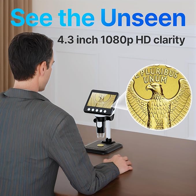 Coin Microscope, 4.3" LCD USB Digital 1000X Coin Magnifier with 8 Adjustable LED Lights, 1080P PC View Compatible with Windows/MacBook for Adults Kids