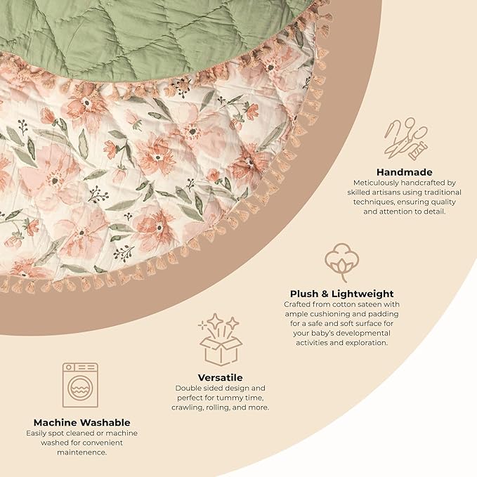 Crane Baby Padded Floor Mat, Pink Floral Nursery Decor, Activity Mat, 40" x 40", Baby Tummy Time, Baby Girl Nursery Essentials