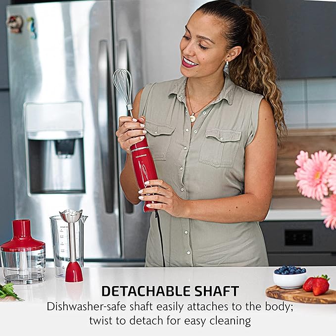 OVENTE Immersion Hand Blender, 300W Electric Handheld Portable Stick Mixer Set with 2 Mixing Speed, Stainless Steel Blades, Egg Whisk Attachment, Mixing Beaker and BPA-Free Food Chopper, Red HS565R