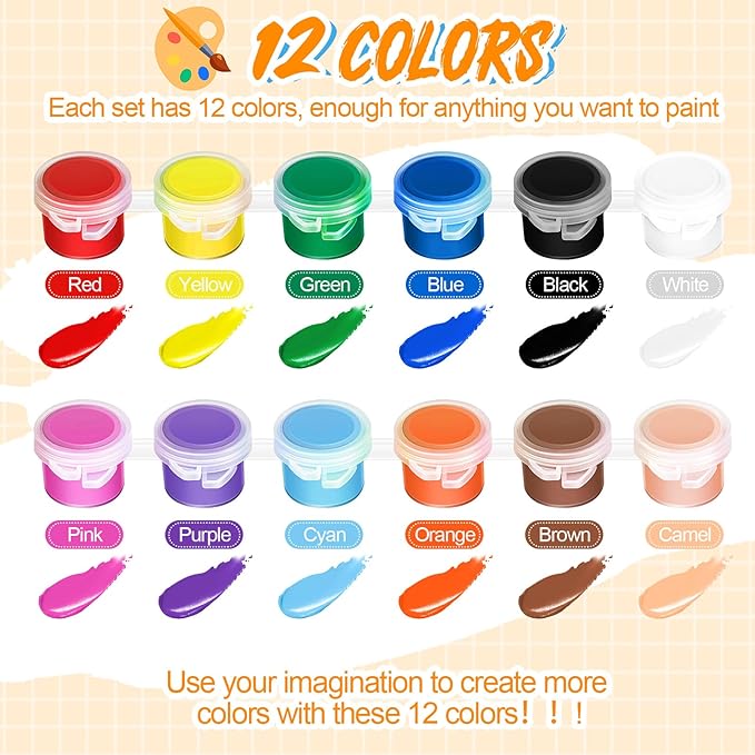 Fulmoon 24 Set Acrylic Paint Kits for Kids Adults Washable Mini Painting Kit Arts Crafts Party Favors Filled Strips Brushes Palettes Bulk for Classroom Home Kit Supplies (Vivid Color)