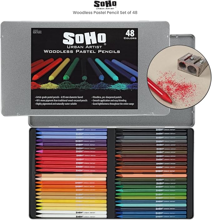 Soho Urban Artist Woodless Pastel Pencils - Set of 48, Professional Artist-Grade, 40% More Pastel, Water-Soluble, Pre-Sharpened, Easy Blending, 6.93mm Barrel, Clear Lacquered