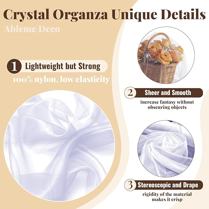 Organza Fabric by The Yard, 60 Inch Wide 3 Yards (9 ft) Long Sheer Fabric for DIY Sewing Projects Wedding Decorations Party Backdrops Curtains (White)