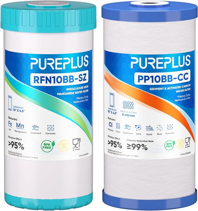 PUREPLUS 5 Micron 4.5"x 10" Whole House Water Filter Combo Kit with Sediment& Carbon, and Iron Reduce Filter, Replacement for GE FXHTC, GXWH40L, GXWH35F, GNWH38S, RFC-BBSA, WRC25HD, RFC-BB, 1PACK