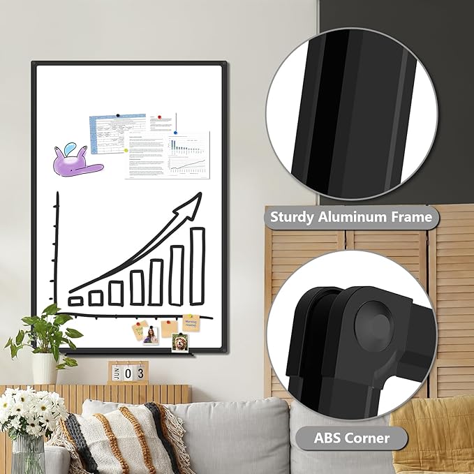 XBoard Magnetic Whiteboard 48 x 31 inch - Dry Erase Board with Black Aluminum Frame, White Board with Detachable Marker Tray
