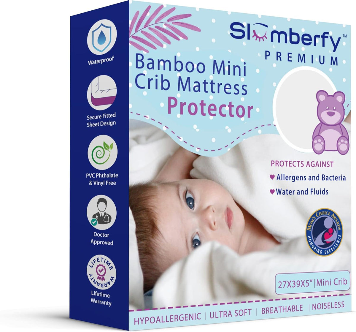 Mini Crib Mattress Protector by Slumberfy, Waterproof and Hypoallergenic Mattress Protector for Babies and Toddlers, Made of Bamboo Material -27x39 inches
