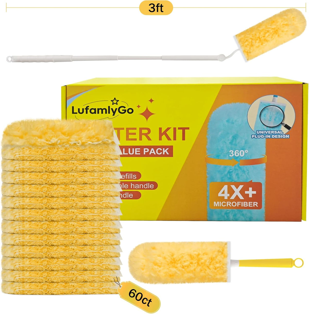 60ct 360° Heavy Duty Duster Refills Kit for Swiffer Duster, 4X Dust Capture Power with Microfiber, Disposable Feather Dusters for Cleaning Ceiling Fan, Cobweb, Car,1 Extended &1 Short Handle