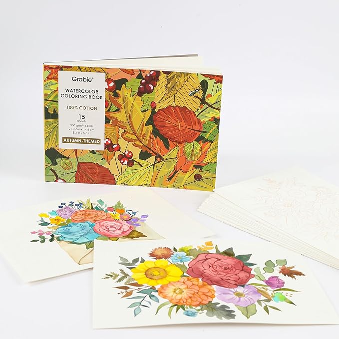 Grabie Watercolor Coloring Book, 15 Sheets A5 (8.3 x 5.8),Watercolor Book for Adults: Ignite Your Artistic Expression on 100% Cotton Paper (Autumn-Themed)