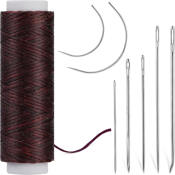 Ftyiwu Waxed Thread, Upholstery Needle and Thread 32 Yards with 7PCS Hand Sewing Needles for Home Upholstery Carpet Canvas Repair Leather Sewing (Red Coffee)