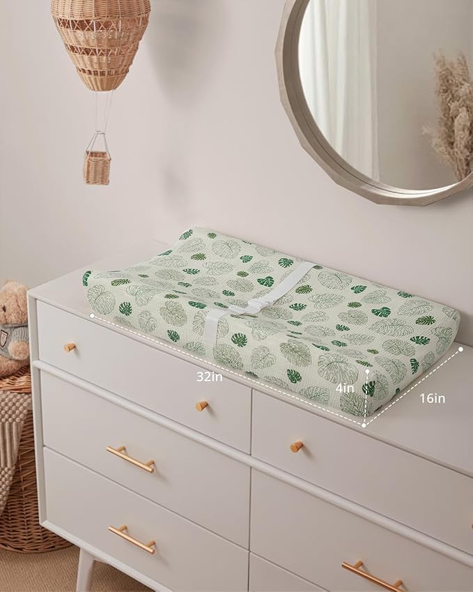 Blissful Diary Muslin Baby Changing Pad with Waterproof Lining Foam, Diaper Changing Table Pad with Cover for Dressers (Monstera, Rectangular)