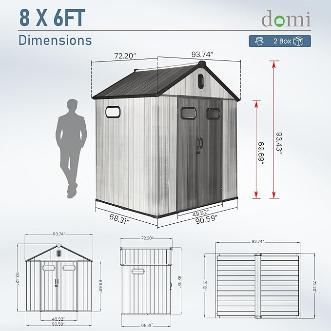 Domi 8x6 FT Outdoor Resin Storage Shed, All-Weather Double-Wall Storage Building for Backyard, Garden, Lawn Tools, Mower, Bike & Pool Equipment, Lockable Doors, Ventilated Roof, Grey